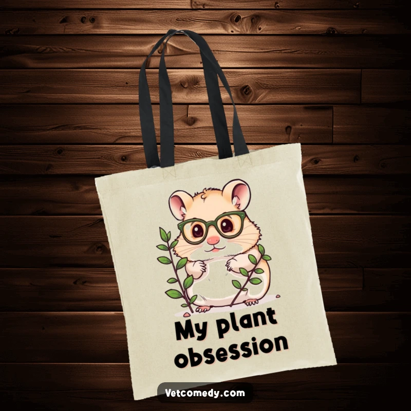 Funny tote bag depicting a hamster with small glasses, examining a plant, perfect for carrying daily essentials.